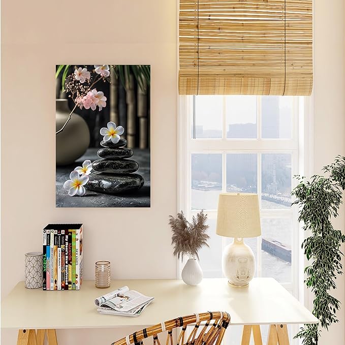 A harmonious black stone stack paired with white and pink flowers bamboo and ceramic vases creates a tranquil Zen decor for minimalist homes and mindful spaces 28x40in Wood Framed
