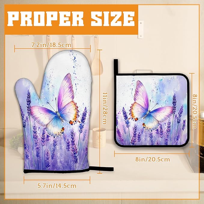 Purple Butterfly Oven Mitts and Pot Holders Set,Lavender Kitchen Oven Gloves and Pot Holder with Heat Resistant Non Slip for Cooking Baking Grilling(4 Piece Set)