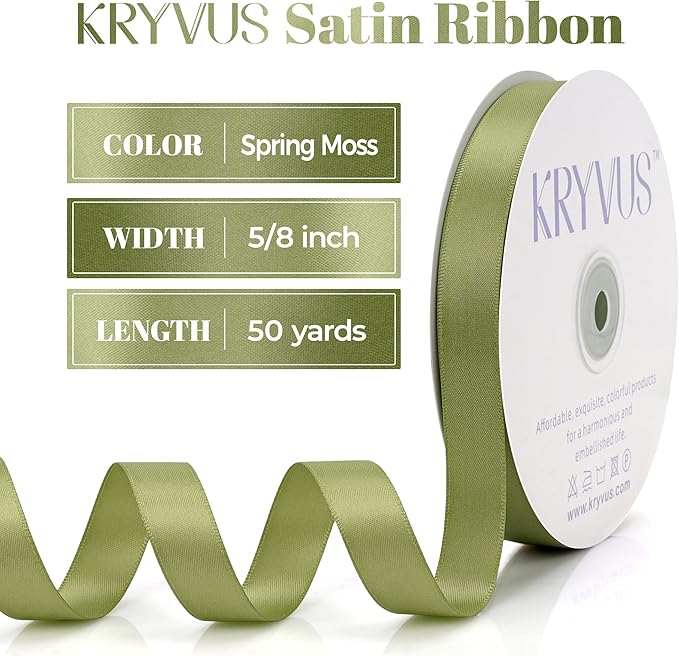 Moss Green Satin Ribbon, Double Faced 5/8 Inch X 50 Yards Moss Green Ribbon, Premium Satin Ribbon for Gift Wrapping, Crafts, Hair Bow Making, Sewing, Flower Bouquet, Wedding Party Decor