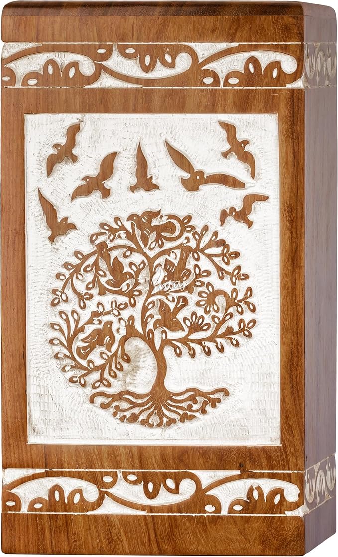 INTAJ Antique White Tree of Life Rosewood Urn for Human Ashes Adult Male Female - 250 lbs Capacity Wooden Cremation Urn Box Suitable for Burial Funeral Decorative Spiritual Memorial Casket