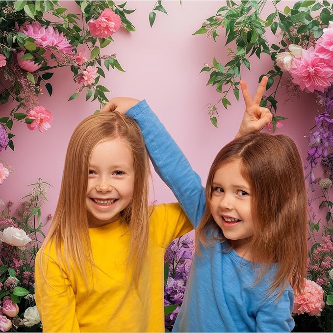 Flowers Photography Backdrop Colorful Flowers Composition Green Leaves on Pink Background for Girls Kids Children Wall Banner Cake Table Decoration Video Studio Photo Portrait Props 8x6ft