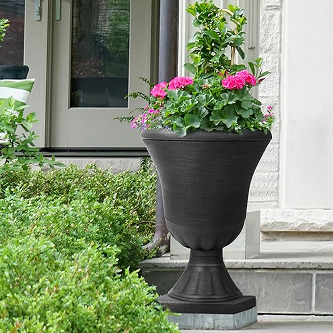 Worth Garden 2-Pack Plastic Urn Planters for Outdoor Plants, 22'' Black Tall Round Classic Resin Traditional Flower Pots - 15 in. Dia. Large Imitation Stone Decorative Pot Patio Deck Front Porch
