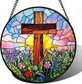 Christian Gifts for Women - Cross Stained Glass Window Hanging Jesus Easter Colorful Wildflowers Sun Catcher Garden Religion Decor Mother's Day Catholic Gift for Men Grandma Mom Her 7.8"