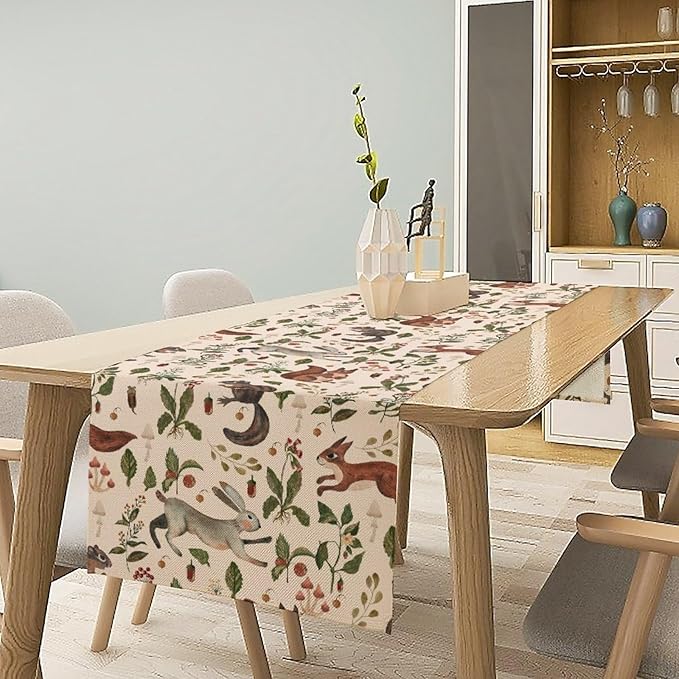Rustic Forest Table Runner, Cartoon Woodland Wild Animals Rabbit Fox Vintage Botanical Mushroom Herbs Table Cover for Indoor Outdoor Home Decor Party, 13x120inch