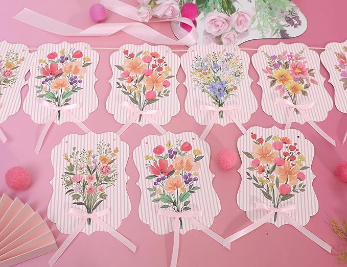 Floral Baby Shower Decorations Garland - Baby in Bloom Bow Banner, Flowers Baby Clothes Banner for Gender Reveal, 1st Birthday, Anniversary Party Backdrop