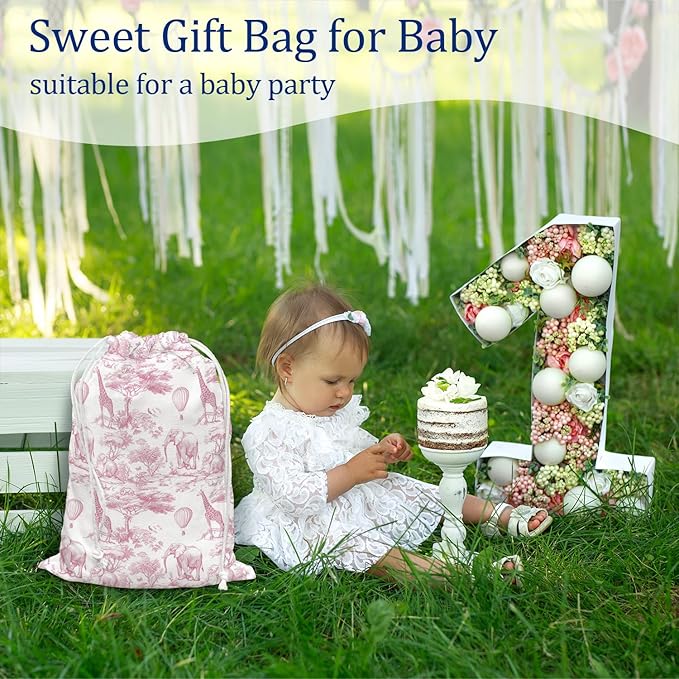 DSHFG Light Pink Drawstring Birthday Gift Bags, Safari Toile Chinoiserie Animals Baby Shower Drawstring Gift Bags Canvas, Pink and White Small Happy Birthday Bag, Gifts for Women, 10x13 Inch