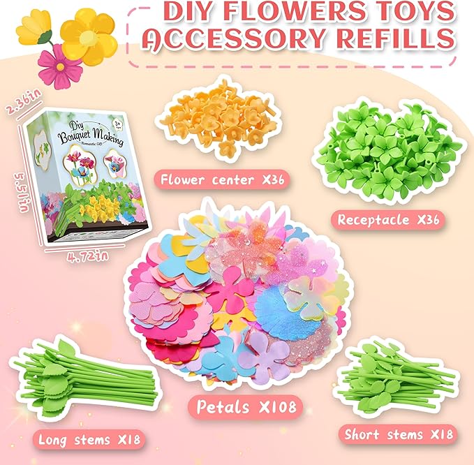 Kufanda DIY Fabric Flower Bouquets Toys Accessories Can Make 36 Flowers, DIY Arts & Crafts Toy Parts Christmas Gifts for Kids