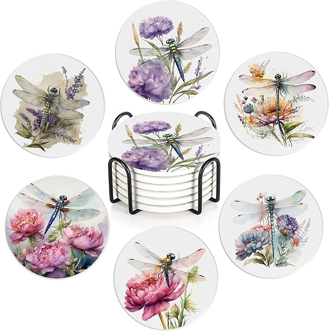 Coaster for Drinks Set of 6, Dragonfly Flower Absorbing Round Ceramic Stone Coaster with Cork Base,Tabletop Protection Mat for Mugs and Cups,Coffee Table Wine Glass Home Bar 4 Inch