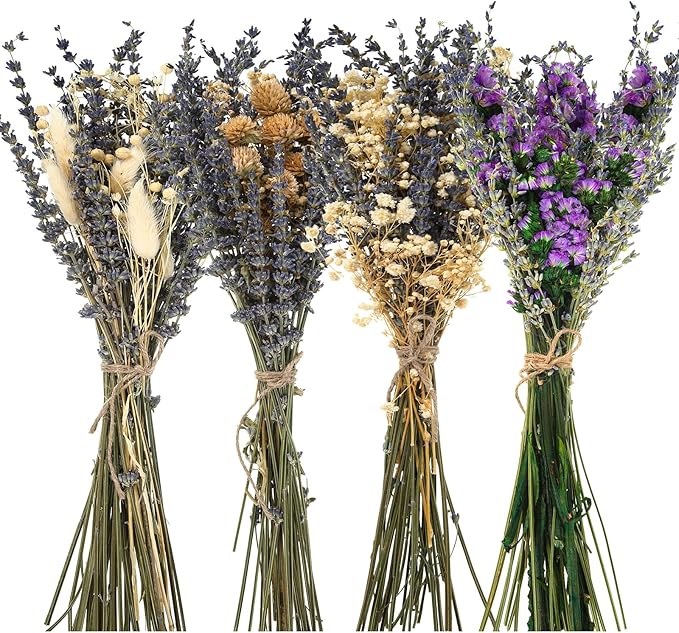 Layhit 4 Pack Large Size Boho Dried Flower Bouquet 15-17 Inch Wedding Handmade Dry Flowers for Vase Crafts DIY Photo Boutonniere for Men Floral Plant for Bridesmaid Gift Birthday Decor(Lavender)