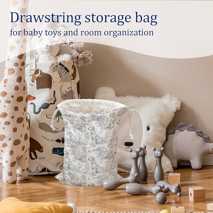 DSHFG Blue Chinoiserie Birthday Drawstring Gift Wrap Bags, Chinoiserie Dog Baby Shower Drawstring Gift Bags Canvas, Blue and White Small Happy Birthday Bag, Gifts for Women Dog Lovers, 10x13 Inch