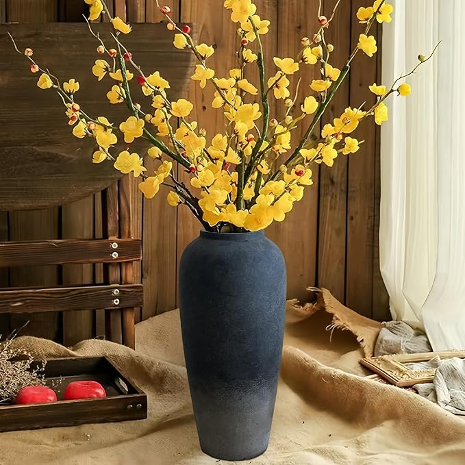 15 Inch Rustic Ceramic Vase, Black Flower Vase for Centerpieces, Farmhouse Decor for Living Room, Entryway & Kitchen, Vintage Pottery Vases for Wedding Gifts