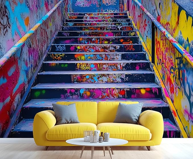Graffiti Staircase Wall Mural, Urban Street Art 3D Wall Murals, Modern Hip-Hop Colorful Graffiti Steps Wallpaper Mural, for Living Room Bedroom Large Wallpaper Indoor Decor 169.3" W x118.2 H