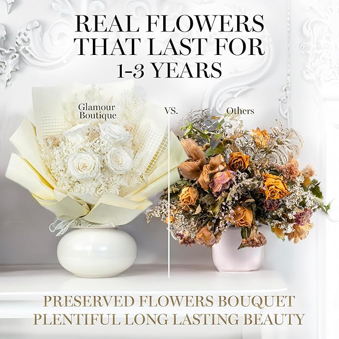GLAMOUR BOUTIQUE Preserved Flowers Bouquet - Flowers Forever in a Box with Hydrangeas & More, Gift Ready for Anniversary, Birthday, Mother's Day, Long-Lasting 1-3 Years - White