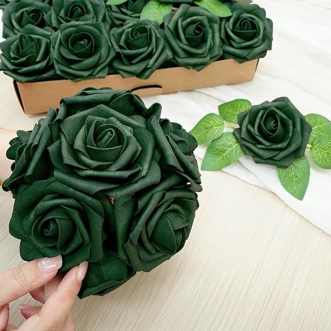 Artificial Flowers, 25pcs Hunt Green Artificial Roses Flowers with Stems Real Touch Fake Roses for DIY Wedding Bouquet Centerpiece Bridal Shower Baby Shower Home Decoration