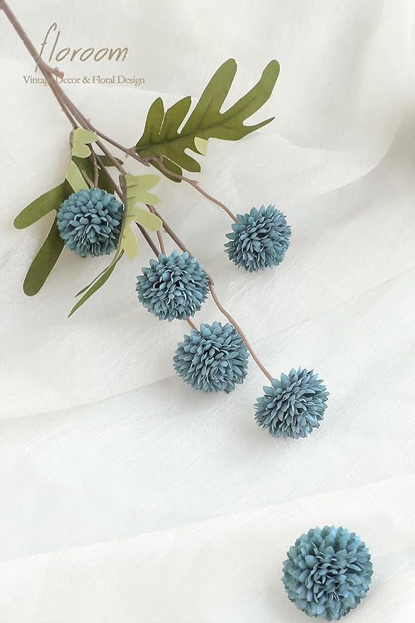 Floroom 6pcs Dusty Blue Faux Silk Mums Artificial Flowers, Bulk Fake Small Mini Chrysanthemums with Stems for DIY Slate Blue Wedding Centerpieces Floral Arrangements Vase Fillers Home Decorations
