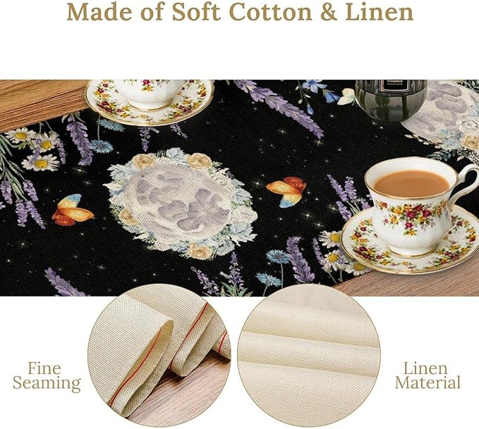 Boho Floral Table Runner, Spring Gothic Moon Phase Wildflower Mystical Witchy Farmhouse Coffee Table Center Decor for Home Kitchen Dining Patio Holiday Party Table Decorations 13x72 inches