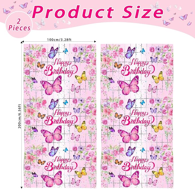 2 Pack Butterfly Foil Fringe Curtains 3.28 x 6.56Ft Butterfly Tinsel Curtain Streamers Backdrop Pink Floral Photo Booth Backdrop Butterflies Birthday Baby Shower Party Decorations for Kids Girls