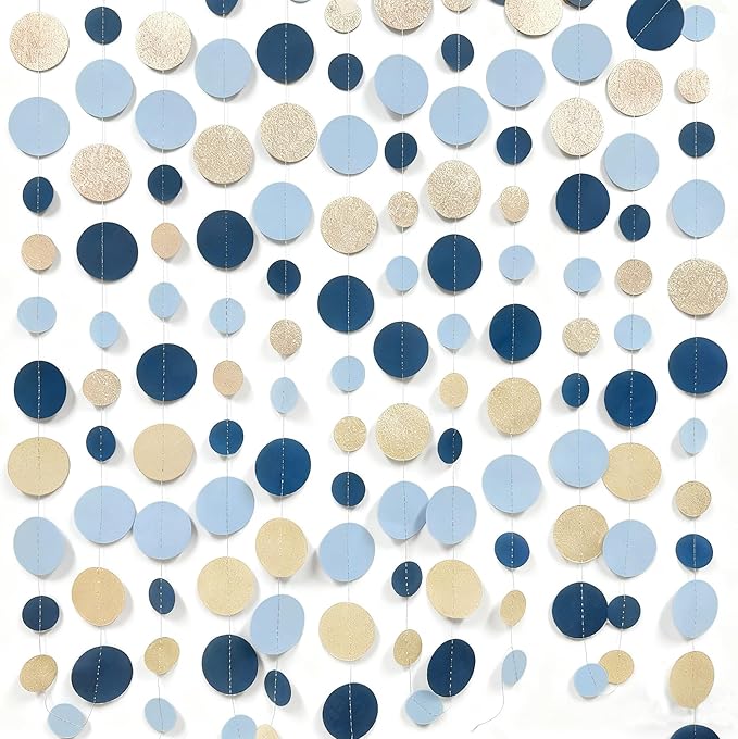 Navy Blue Champagne Gold Polka Dots Garland Hanging Paper Circle Dot Streamer for Birthday Baby Shower Wedding Graduation Engagement Bridal Shower Bachelorette Retirement Party Decorations Supplies