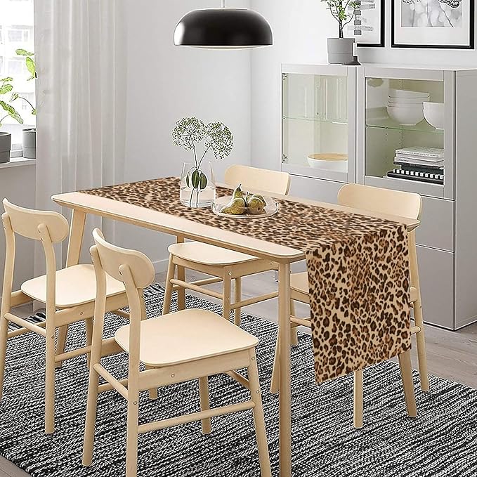 Leopard Skin Print Table Runner, Rustic Cottage Country Farmhouse Wildlife Safari Animal Skin Print Dinner Runner for Home Kitchen Dining Table Party Holiday Decor Brown 13x70in