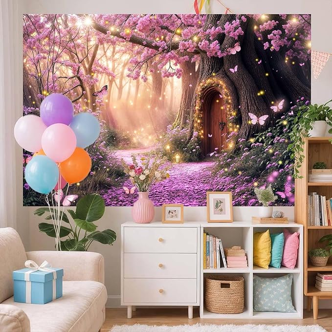 12X10ft Enchanted Forest Backdrop Fairy Tale Purple Garden Wonderland Tree House Floral Background for Kids Girl Baby Shower Birthday Party Decoration Banner Cake Table Photo Booth Props