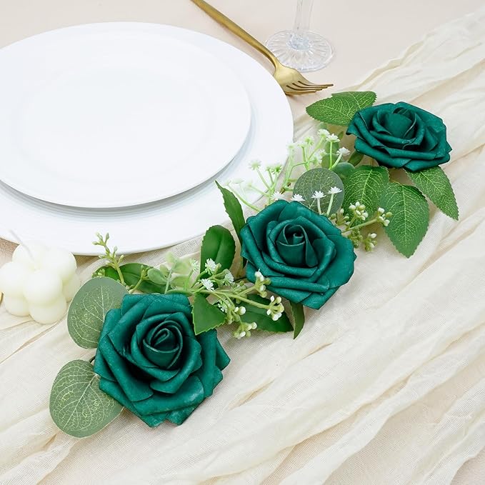 Artificial Flowers, 50pcs Hunter Green Artificial Rose for DIY Wedding Bouquets Centerpieces Arrangements, Fake Flower with Stem for Party Home Decrration