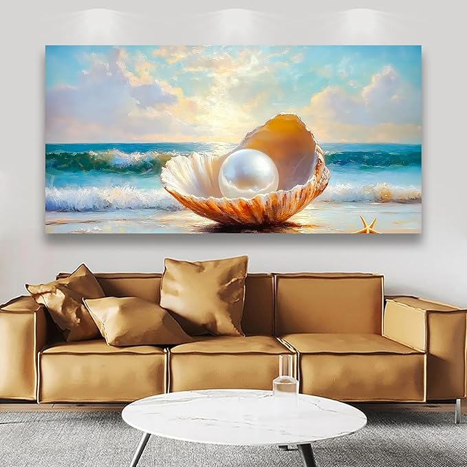 Seashells Pearls Pictures Canvas Wall Art Living Room Office Bedroom Wall Decor Sea Landscape Wall Art Prints Modern Blue and White Landscape Artwork Waterproof Ready to Hang - 20x40 inches
