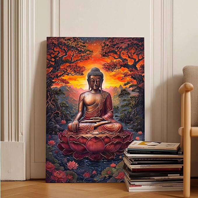 Golden Buddha on lotus seat serene meditation statue amidst lush trees flowing water and sunrise light spiritual home art for a tranquil decor 12x18in Wood Framed