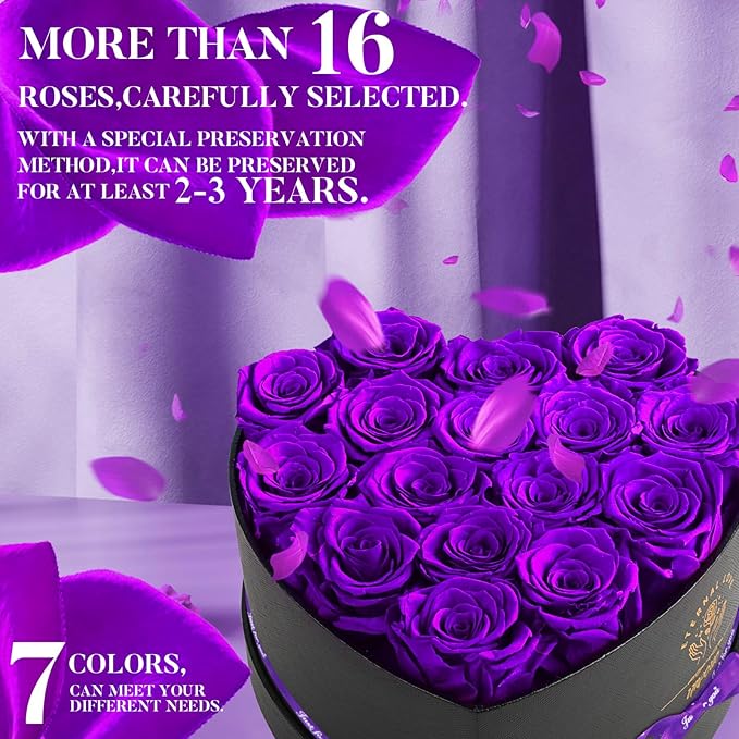 16 Preserved Flower Delivery Prime, Preserved Roses in a Box, Birthday Gifts for Women, Mother's Day, and Valentine's Day-Purple Roses
