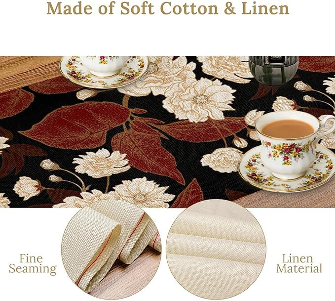 Red Gold Floral Table Runner, Boho Dark Flower Leaves Chinese Plum Blossoms Botanical Vintage White Gold Art Print Table Runner for Spring Holiday Decor, 13x90inch