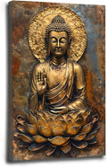 Buddha Wall Art Golden Buddha in Lotus Seat Serene spiritual statue radiant aura Meditation and mindfulness wall art suitable for sacred spaces 8x12in Wood Framed