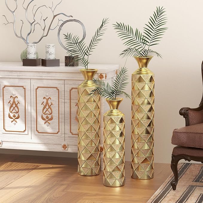 Metal Floor Vases Decorative, Set of 3 Flower Arrangement Stand, Metal Decorative Vase Tall Distressed Metallic Centerpiece Vases with 3D Triangle Pattern, 33.5", 29.5", 25.2" H (Antique Gold)