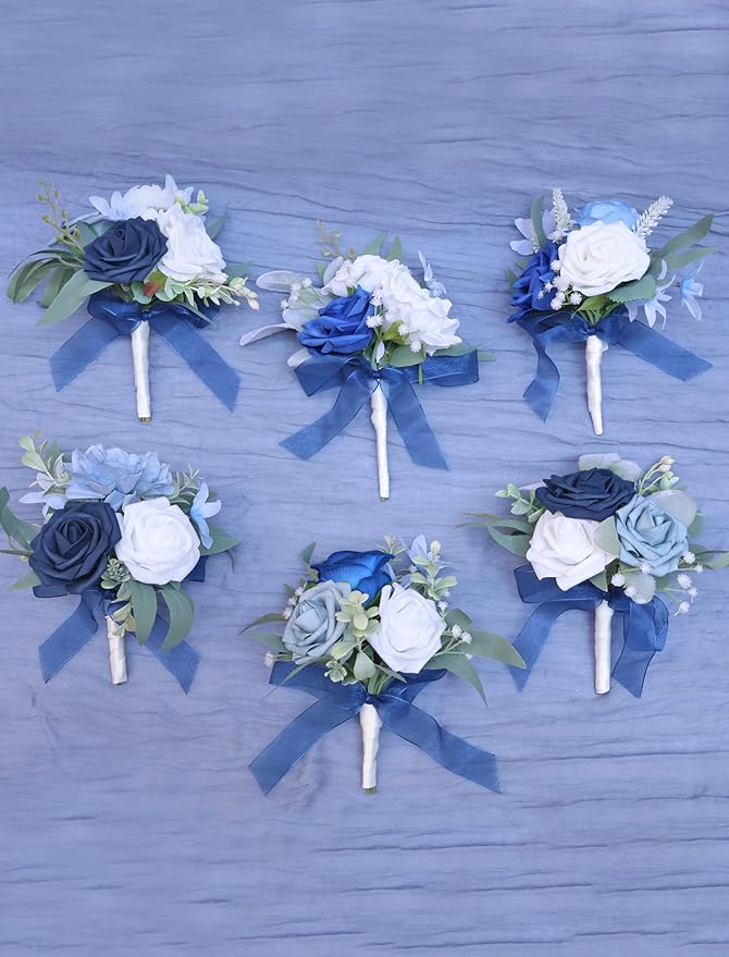 Marriwise Set of 6 Navy Blue Assorted Wedding Flower Centerpieces Pre-Made Mini Bridesmaid Bouquets Artificial Floral Rose Table Decor for Outdoor Beach Wedding Decorations Shower Home Decor
