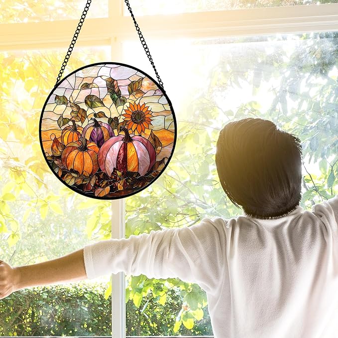 Stained Glass Window Hanging, Pumpkin Sunflower Suncatcher Diamond Glass Panel Sun Catchers Decor for Birthday for Women, Men, Wife, Aunt, and Mom 11.8x11.8 in