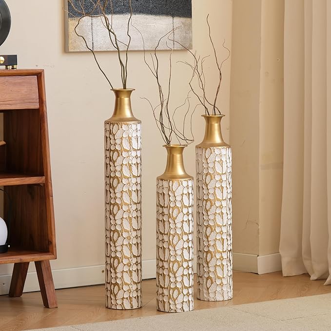 Floor Vases, Tall Home Decor Metal Vase Set of 3 Large Glazed Decorative Vases for Wedding Decor, Elegant Modern Flower Holder for Living Room, Entryway, Hallway, Dining Room