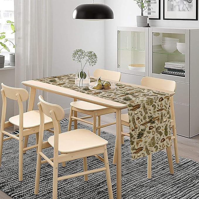 Vintage Woodland Mushroom Table Runner, Rustic Forest Green Plants Wild Mushroom Ferns Daisy Print Kitchen Dining Table Runners for Indoor Outdoor Home Party Holiday Decor, 13x120inch