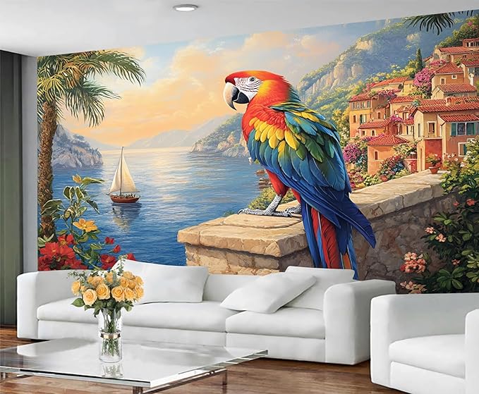 KIREUPA Macaw Parrot Wall Mural, Coastal Mediterranean Parrot 3d Wall Murals, Sunset Seaside Village Scene Wallpaper Mural, for Living Room Bedroom Large Wallpaper Indoor Decor 59" W x39.4 H