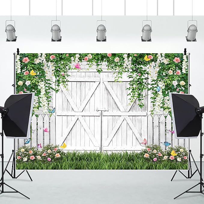 AOFOTO White Barn Door Floral Backdrop 7x5ft Spring Garden Background Banner Green Leaves Flowers Butterfly Wooden Door Backdrops Birthday Bridal Shower Wedding Banner Photo Booth Studio Props