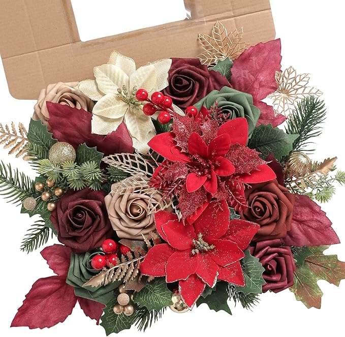 Christmas Flowers Artificial,Red Poinsettias Artificial Christmas Flowers and Greenery Deluxe Combo Set for DIY Tree Ornaments Xmas Wreath Floral Arrangements Centerpieces
