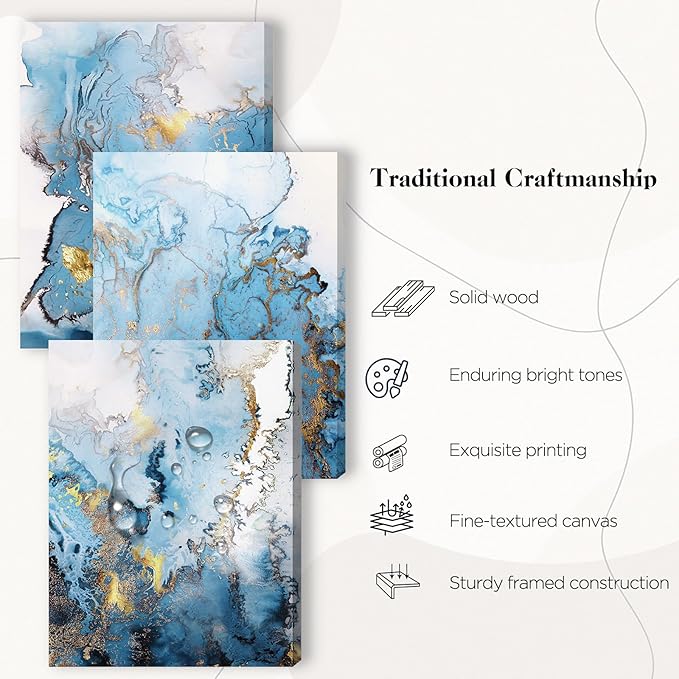 SERIMINO Blue Abstract Canvas Wall Art for Living Room, Navy and Gold Fluid Marble Wall Decor for Bedroom, Bathroom, Office, Home Decor, Set of 3 Print Painting, 16"X24"
