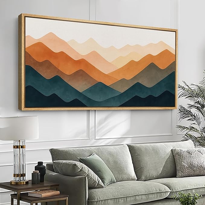 SIGNFORD Extra Large Framed Canvas Print Wall Art Colorful Geometric Overlapping Mountains Illustrations Modern Art Relax/Calm Warm for Living Room, Bedroom, Office - 60"x30"