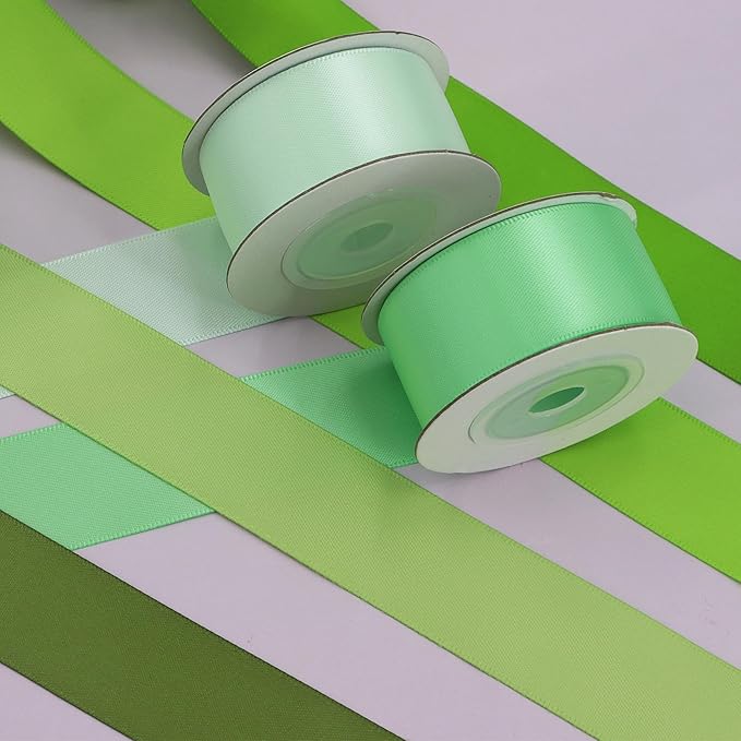 Sage Green Satin Ribbon Solid Fabric Ribbons 1'' inch Double-Faced Satin Ribbon for Gift Wrapping, Wedding, Birthday, Baby Shower Decor Floral Bouquet Crafts- 6 Colors X 5 Yards Each