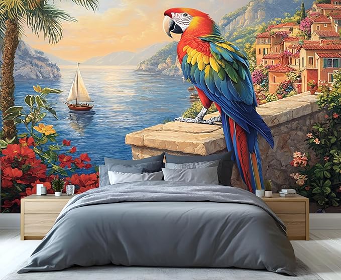 KIREUPA Macaw Parrot Wall Mural, Coastal Mediterranean Parrot 3d Wall Murals, Sunset Seaside Village Scene Wallpaper Mural, for Living Room Bedroom Large Wallpaper Indoor Decor 118" W x 82.6 "H