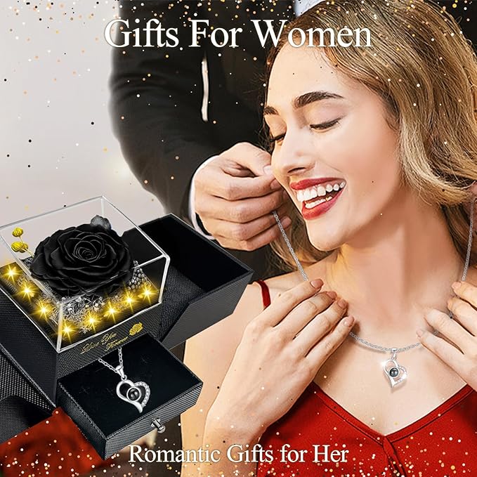 Preserved Real Rose-Eternal Flowers Rose Mothers Day for Mom Women Her Wife Girlfriend on Birthday Valentines with I Love You Necklace 100 Languages Romantic Gift (Black)