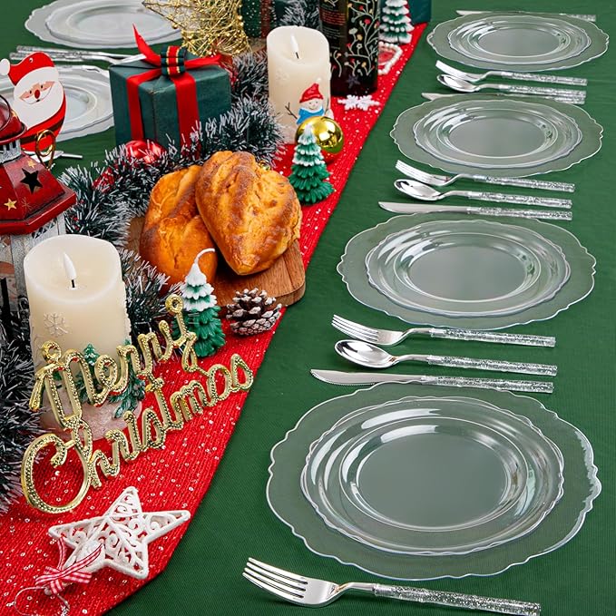 Liacere 150PCS Clear Silver Plastic Plates & Disposable Silver Plastic Silverware with Glitter Bamboo Handle Cutlery-Baroque Clear Disposable Plates for Wedding & Easter day & Mother's Day