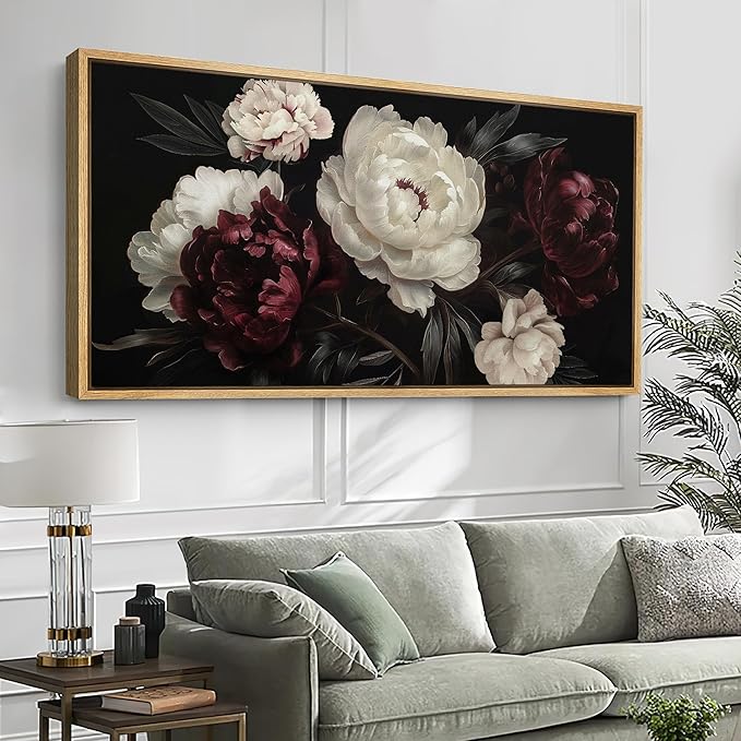SIGNFORD Extra Large Framed Canvas Print Wall Art Vintage Peonies Classic Floral Painting in Deep Tones Illustrations Modern Art Relax/Calm Warm for Living Room, Bedroom, Office - 60"x30"