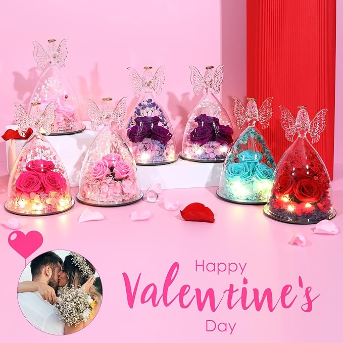 Mothers Day Rose Gifts Glass Angel Figurine with Three Roses Gifts, Preserved Forever Real Rose Gifts for Women, Angel Guardian with Rose for Mothers Day - Wine Red
