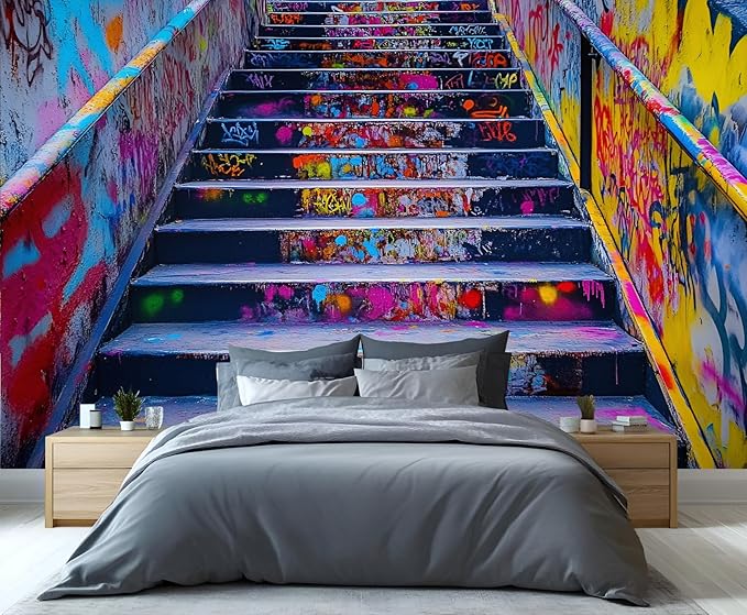 Graffiti Staircase Wall Mural, Urban Street Art 3D Wall Murals, Modern Hip-Hop Colorful Graffiti Steps Wallpaper Mural, for Living Room Bedroom Large Wallpaper Indoor Decor 169.3" W x118.2 H