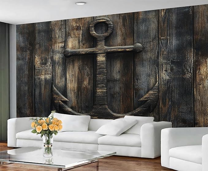 Nautical Anchor Wall Mural, Coastal Style Anchor 3D Wall Murals, Ocean Nautical Wallpaper Mural, for Living Room Bedroom Large Wallpaper Indoor Decor 197" W x124.8 H