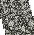 Retro Flowers Placemats Set of 4, 17x12 Inch Modern Aesthetic Black White Florals Leaves Art Print Table Mats for Home Party Kitchen Dining Decor