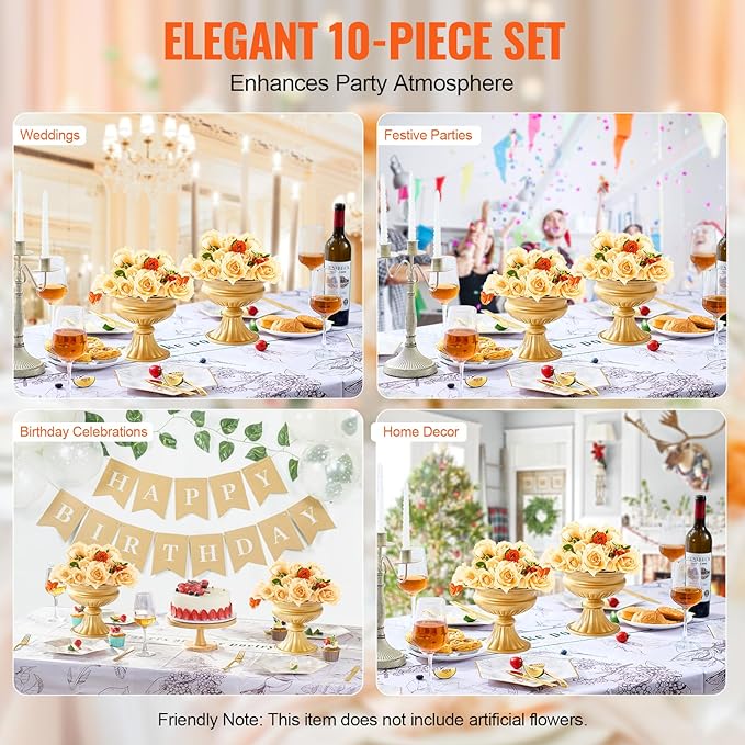 VEVOR 10PCS 16cm/6.3” Tall Wedding Flower Vase, Metal Wedding Centerpiece, Gold Floral Arrangement Stand Display Rack for Tables Wedding Dinner Party, Anniversary Ceremony Birthday Event Decor